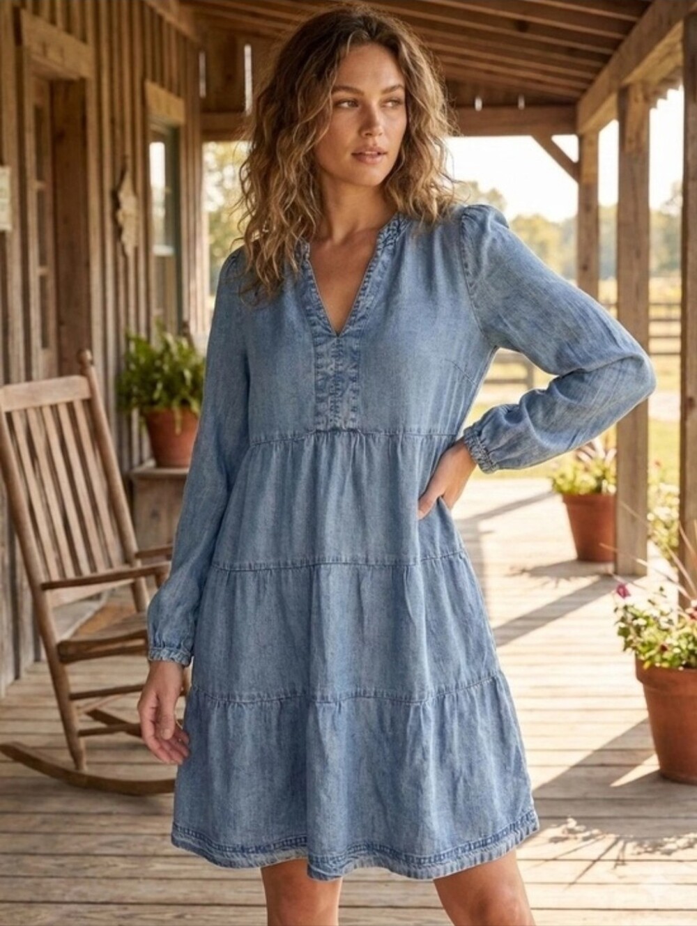 Velvet Heart ~ Chambray Soft Long Sleeve Tiered Maxi Dress - Washed Light Blue
